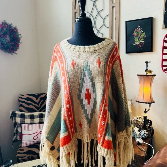 Bohemian Knit Poncho with Fringe - Picture 1 of 5